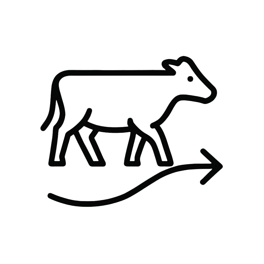 Icon of a cow with an arrow pointing to the right on a light gray background