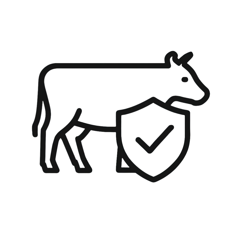Icon of a cow with a shield and check mark on a light gray background