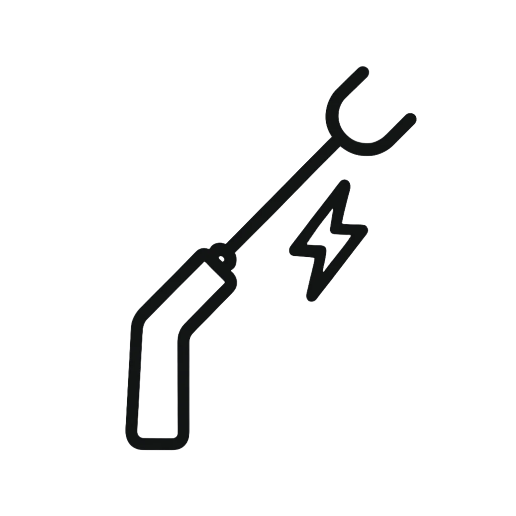 Black icon of a cattle prod with a lightning bolt on a light gray background