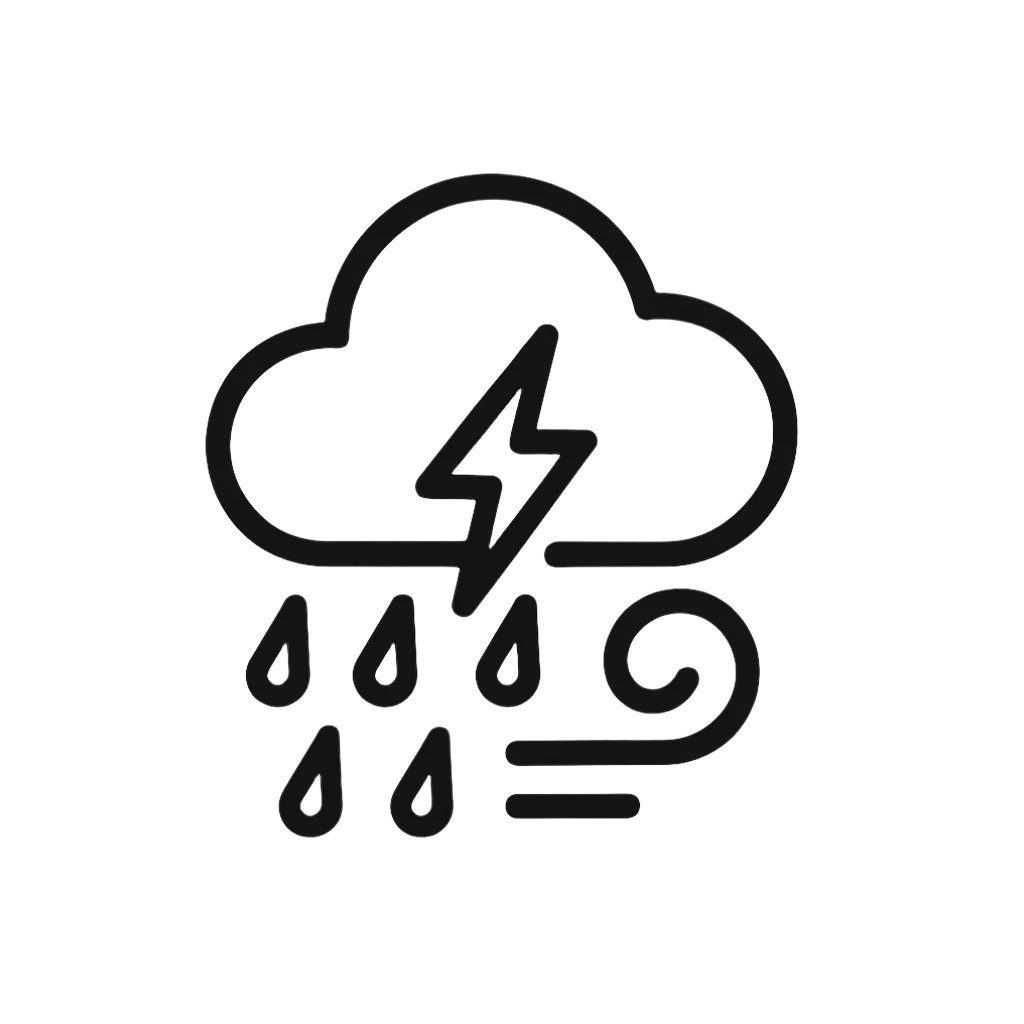 Icon of a cloud with a lightning bolt and raindrops on a light gray background